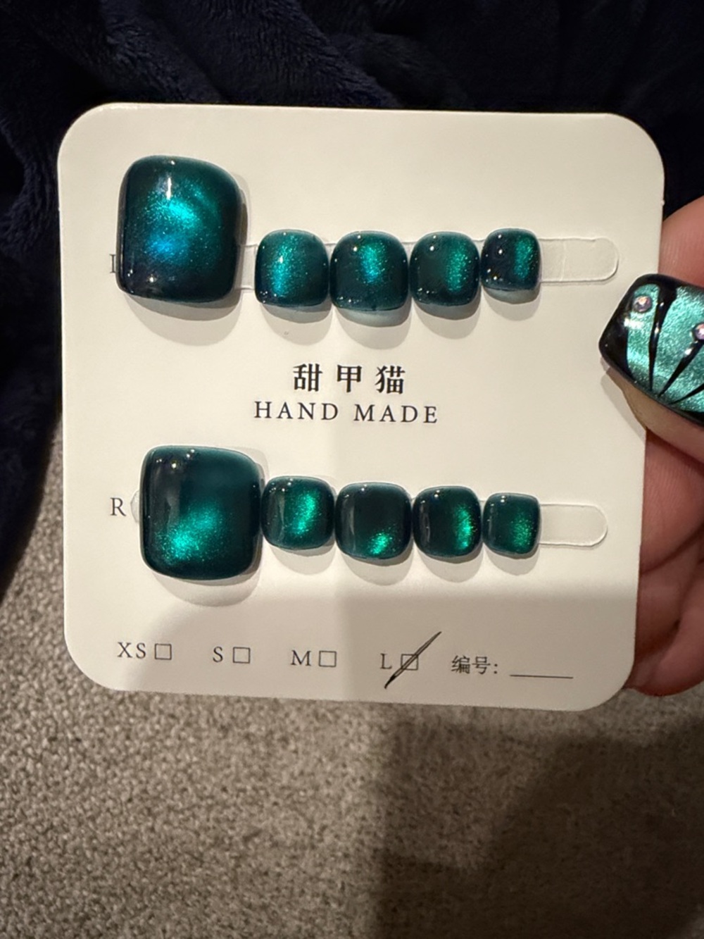 Handmade cateye acrylic Teal Press-On Toe Nails